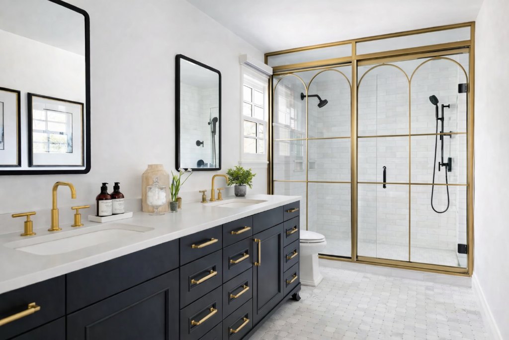 Bathroom remodel with navy vanity and brass fixtures