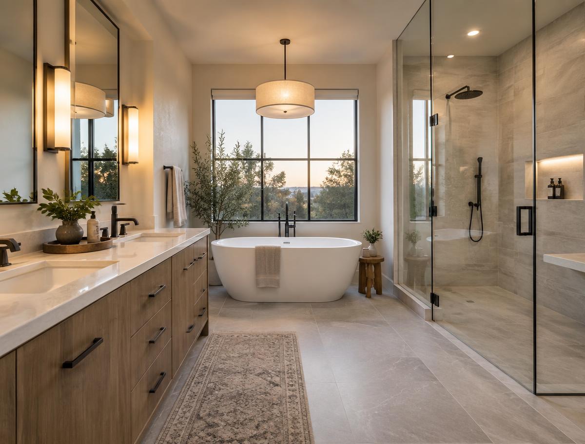 Complete bathroom remodel with vanity, tub and glass shower