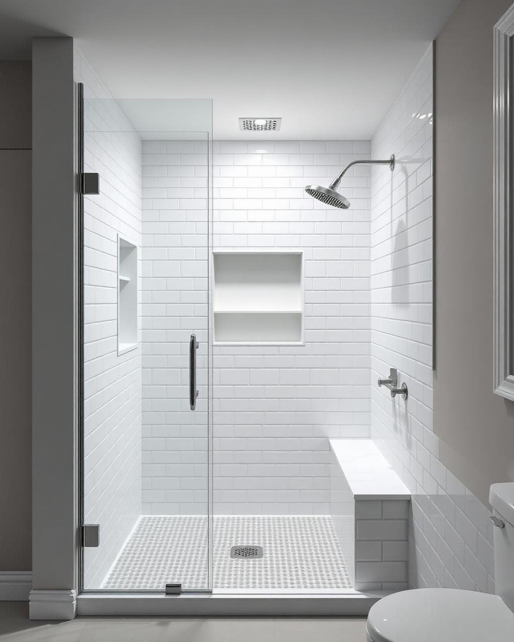 White subway tile shower with bench and niche