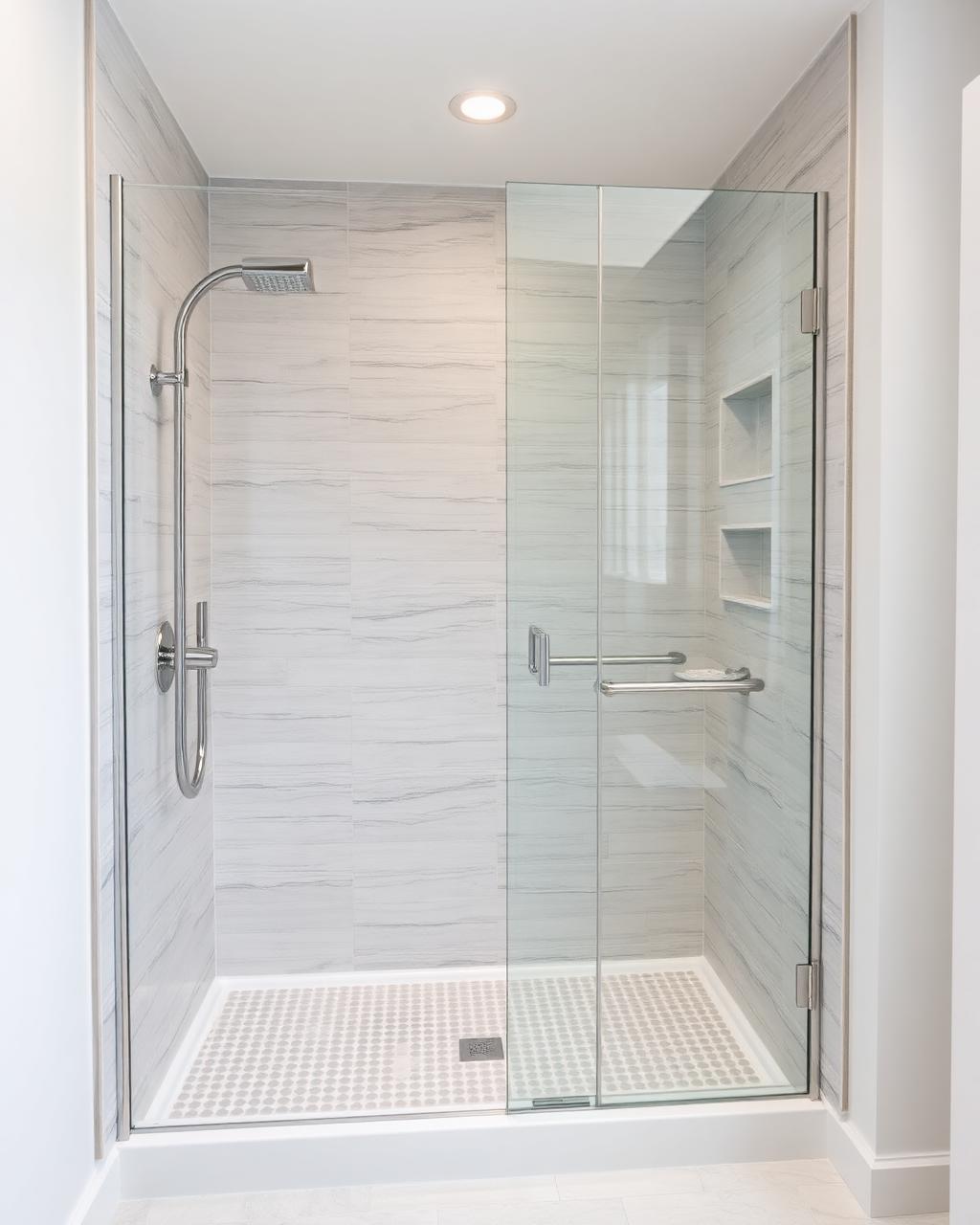 Curbless shower with glass screen and rainfall showerhead