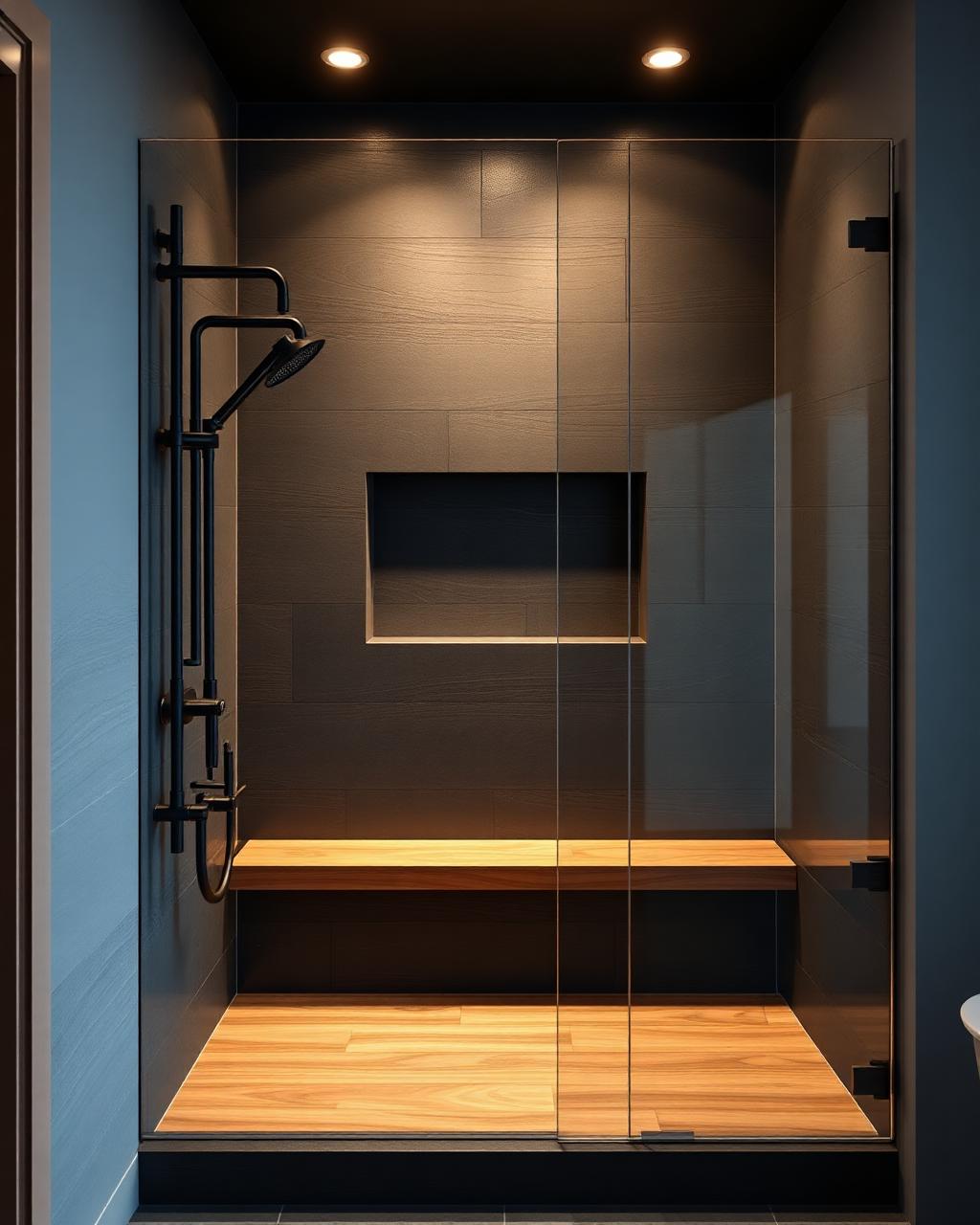 Dark tile shower with teak bench and black fixtures
